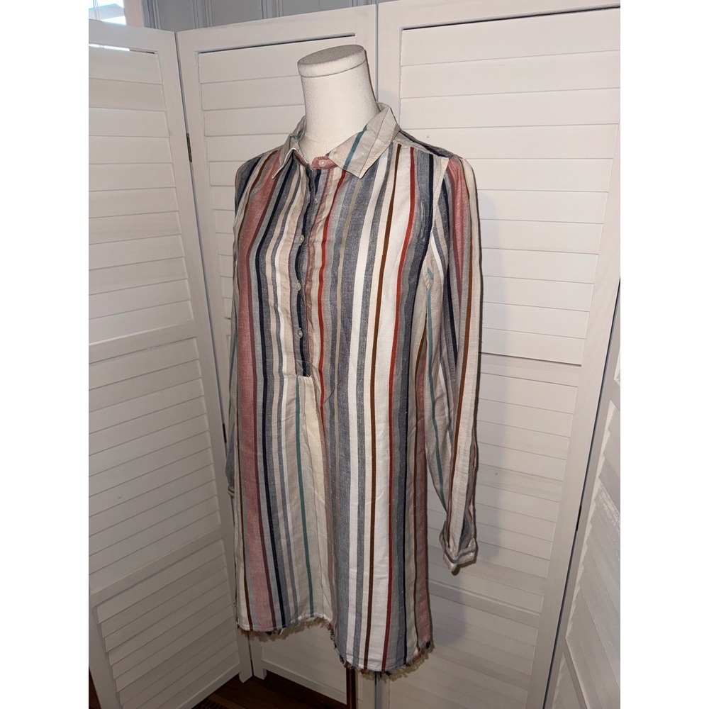 Lilla P Multi Stripe Button Front Long Sleeve Tunic Dress Fringe Hem Medium - Picture 4 of 7